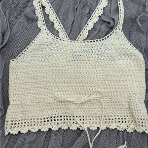 Say What? Cream Cropped Crochet Top‎ with Mid Tie and Scallop Detail, Size Small